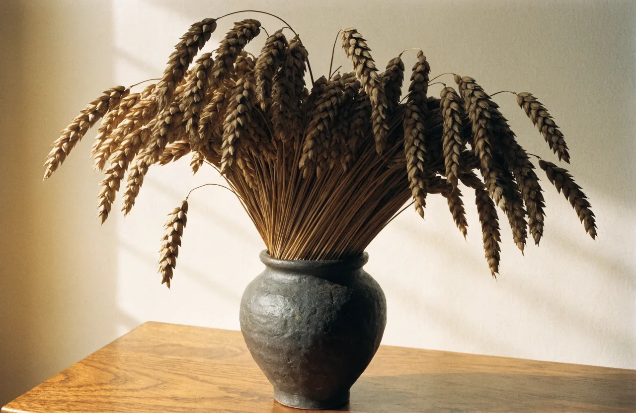 A sheaf of dried rye and barley ears in a stoneware vase on a wooden table in soft golden light.